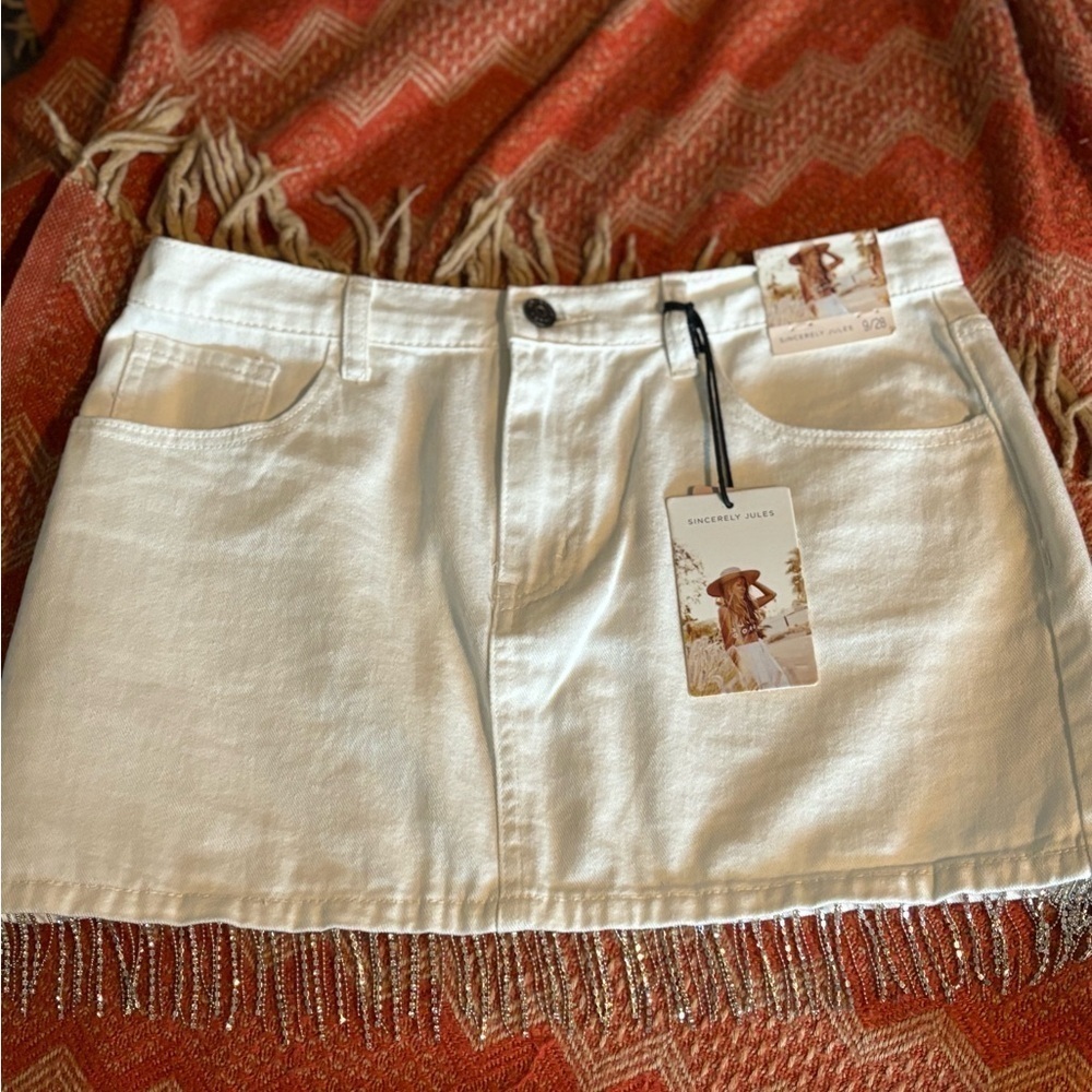 White Jean Skirt with Rhinestone Fringe!! NWT